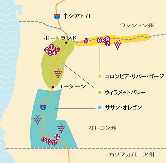 オレゴンワイナリーのリージョン地図